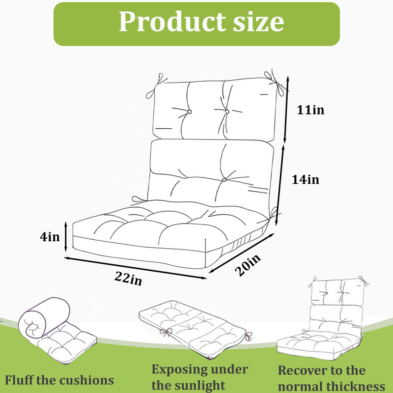 Outdoor High back patio chair cushions, rocking chair cushion set of 2, Waterproof lawn chair cushions with Ties, Seat cushions and Back cushions for Indoor and Outdoor（Green and white）