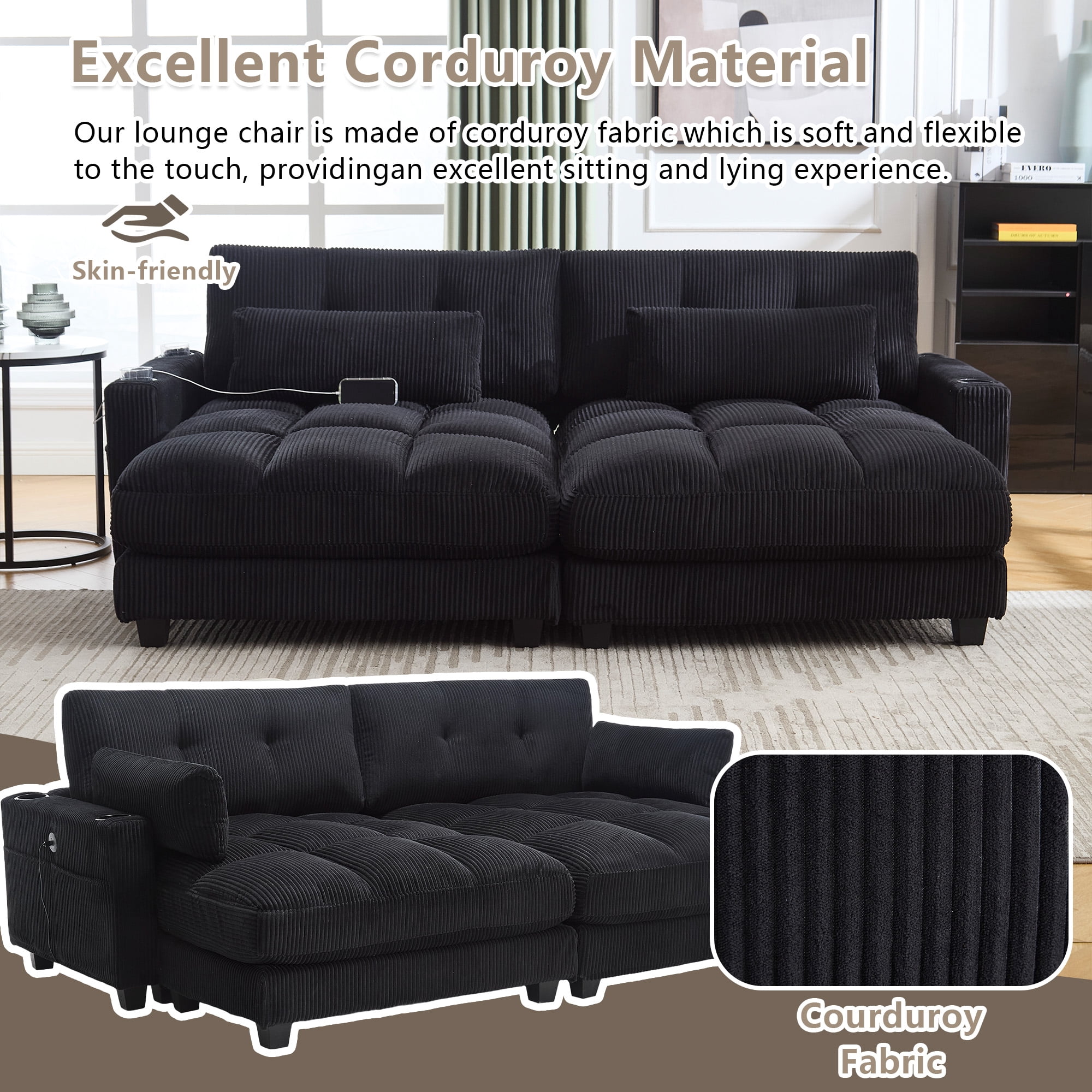 MOONMISS Corduroy Upholstered Soft Deep Seat Sleeper Loveseats Sofa with USB,Type-C&Cup Holders-Black