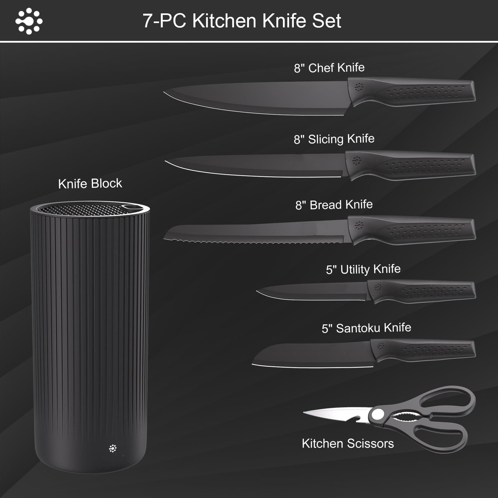 7Pc Household Knife Set, Ongmies Set Brewin Kitchen Set Set for Kitchen Block Utility Block Set Kitchen New Home Apartment Dishwash, Black