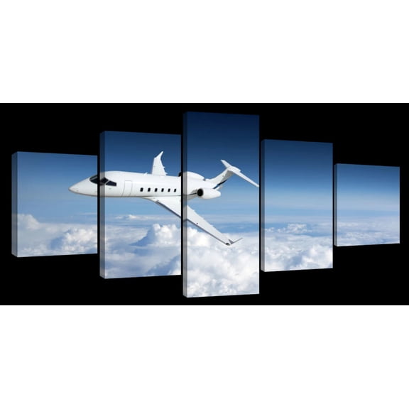 Elephant Stock High Altitude Business Plane Wall Art - Horizontal Multi Panel Canvas - 5 Pieceliving Room Wall Decor - Photography Transportation Multi Panel - Blue And White Decor - 29" x 12"