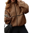 thumbnail image 2 of Women Coat Casual Lapel Full Zip Fleece Jacket Long Sleeve Oversized Warm Winter Outwear with Pockets Brown S, 2 of 7