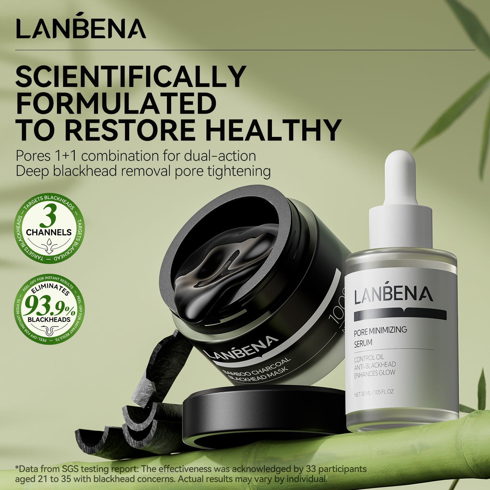 LANBENA 3-in-1 Blackhead Removal Set-Bamboo Charcoal Pore Strips (30g)&Pore Minimizing Serum (30ml)&Removal Paper - Mask for Face, Minimizes Pores & Leaves Skin Fresh & Clean, Blackhead Remover