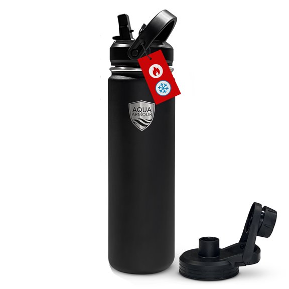Aqua Armour 22oz To-Go Stainless Steel Water Bottle - Double Walled Insulation Keeps Drinks Cold - BPA Free - Reusable Metal Bottles for School & Sports Hydration - 2 Lids (1 Straw Lid) - Black