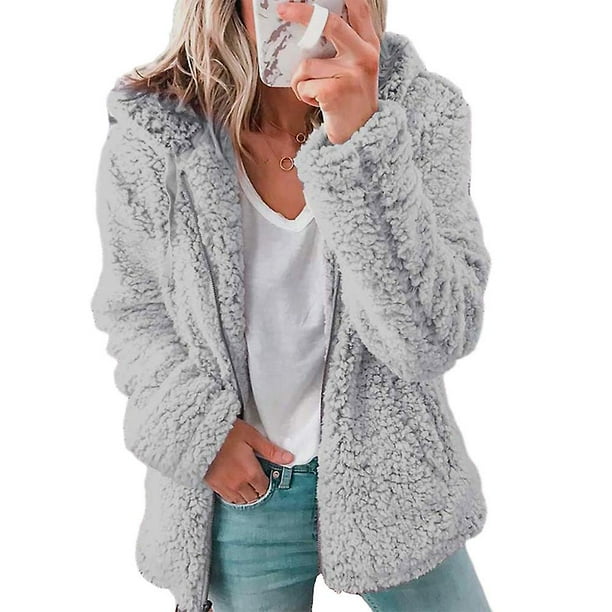 Women Teddy Bear Coat Jacket Winter Warm Casual Outwear Light Gray