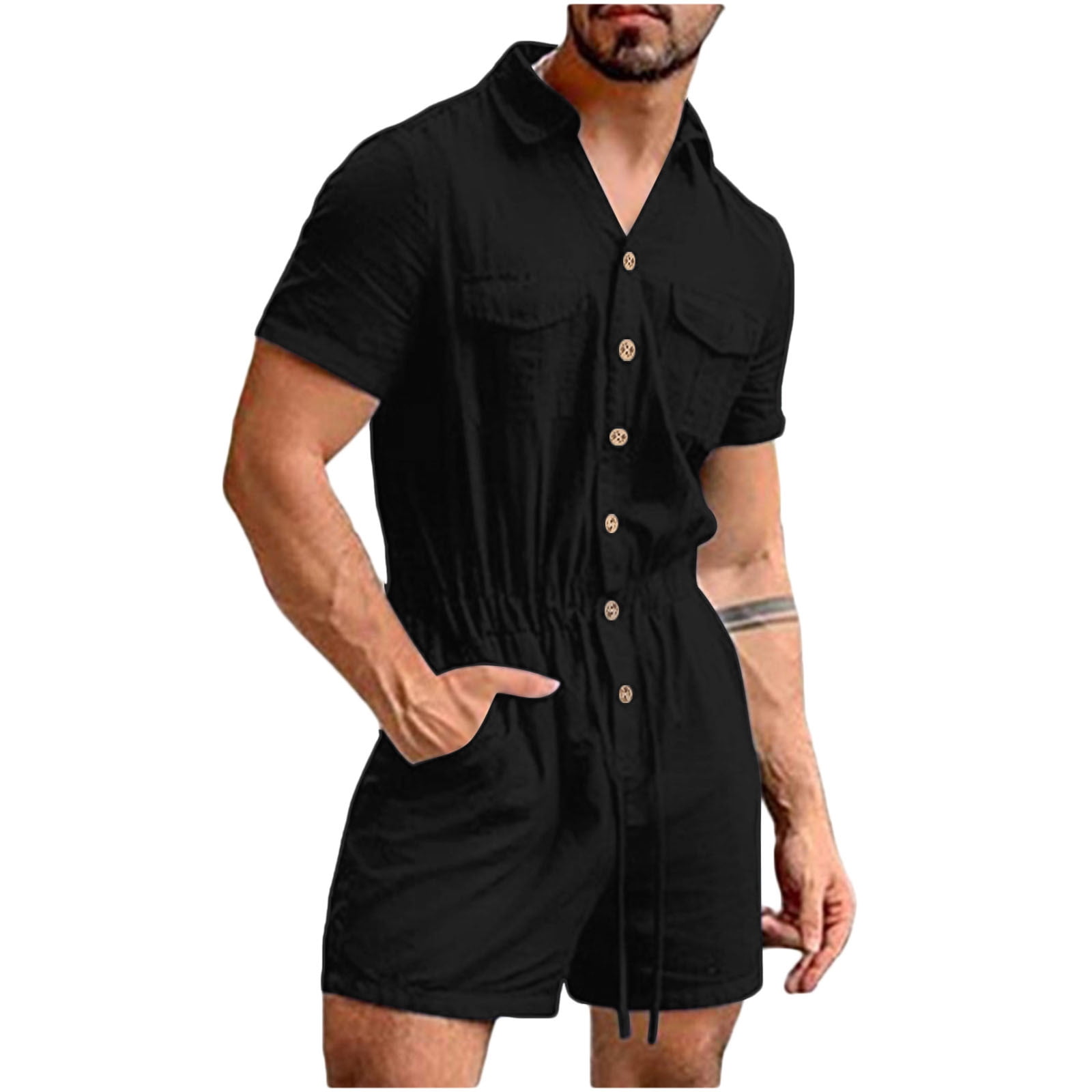 Xysaqa Mens Short Sleeve Onesie Henleys Jumpsuit, Comfy Linen OnePiece