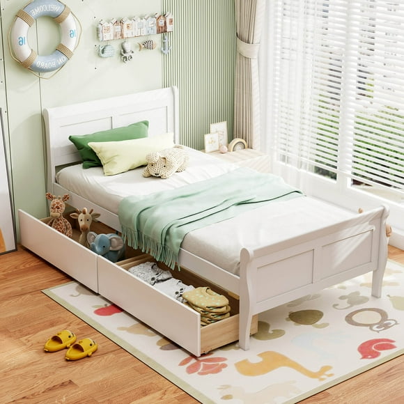 Costway Twin Size Bed Frame with 2 Storage Drawers Wood Platform Bed with Headboard White