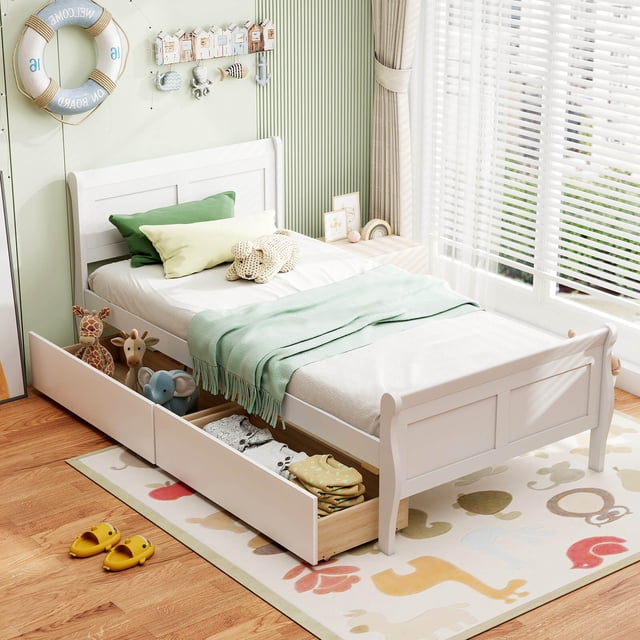 Costway Cadre de Lit Format Simple avec 2 Tiroirs de Rangement Lit Plateforme en Bois avec Tête de Lit Blanc