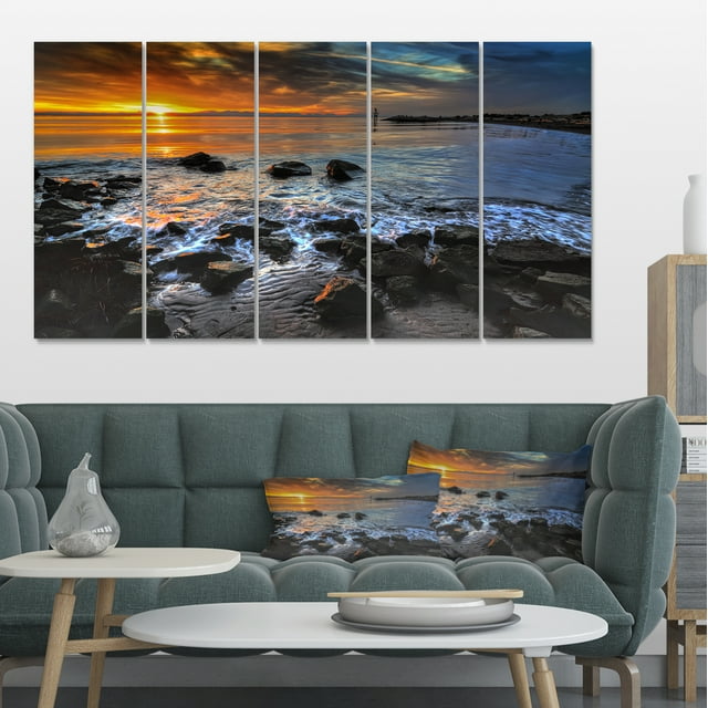 Sunset over Rocky Ocean Shore - Large Landscape Canvas Art Print