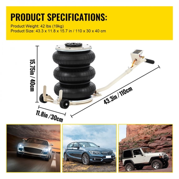 5 Ton Triple Bag Pneumatic Jack 11023 lbs Load Capacity 6.3-15.75 Inch Lifting Height Inflatable Car Jack with Long Handle for Garage Repair Gray