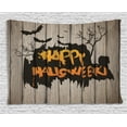 thumbnail image 1 of Halloween Decorations Tapestry, Happy Graffiti Style Lettering on Rustic Wooden Fence Scary Evil Artwork, Wall Hanging for Bedroom Living Room Dorm Decor, 80W X 60L Inches, Multi, by Ambesonne, 1 of 2