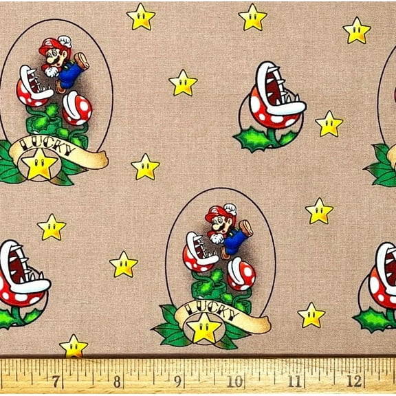 1 Yard - Lucky Mario & Piranha Flowers on Brown Cotton Fabric (Great for Quilting, Sewing, Craft Projects, Quilts, Throw Pillows & More) 1 Yard X 44" Wide