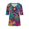 thumbnail image 4 of MIUOWANP Women's T-Shirts V-Neck Summer Short Sleeve Cotton Tops Printed Half Sleeve Shirt Size L(8)Multicolor, 4 of 4