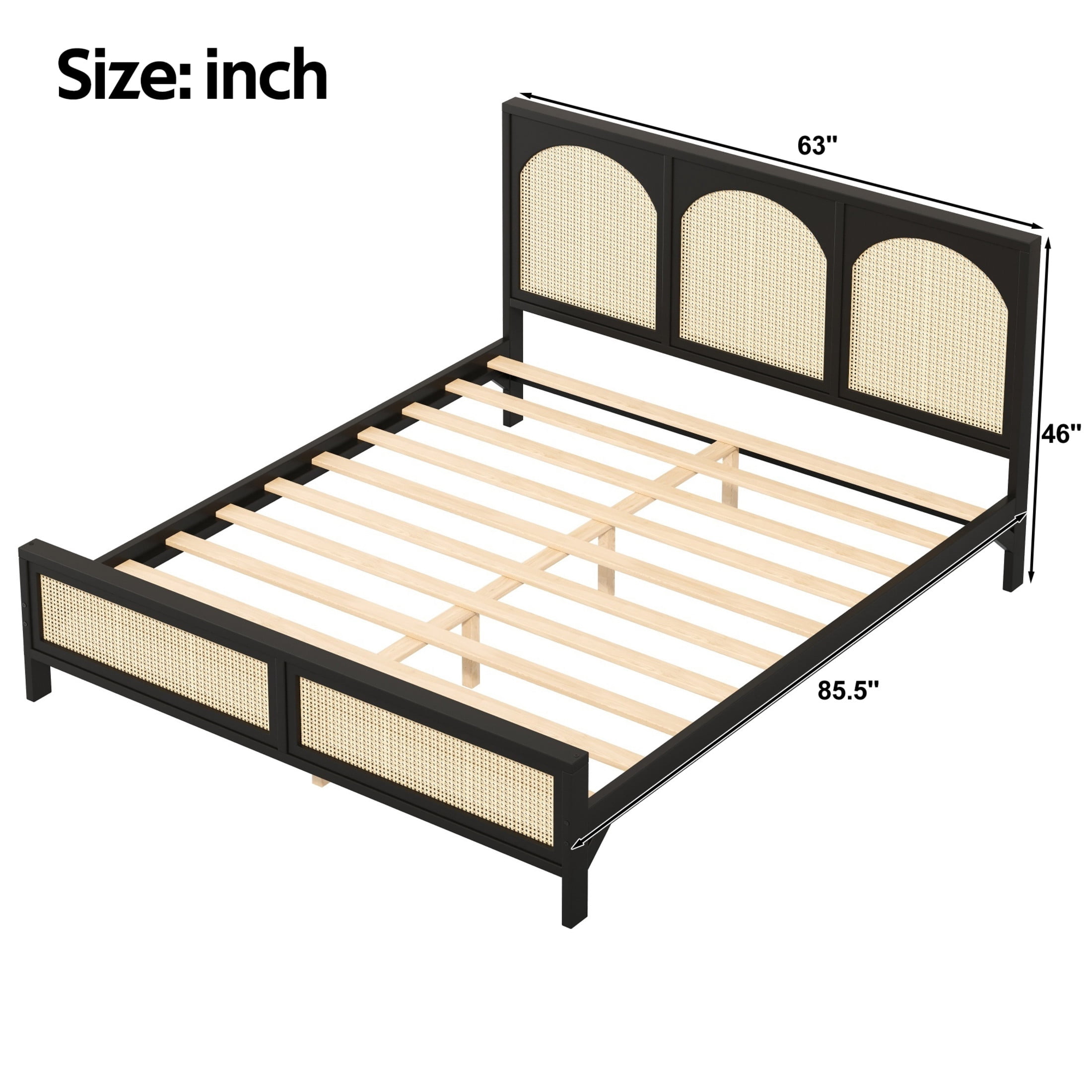 Noble House Driscoll Queen Size Wood Platform Bed with Rattan Headboard & Footboard, Modern Bed Frame, Black
