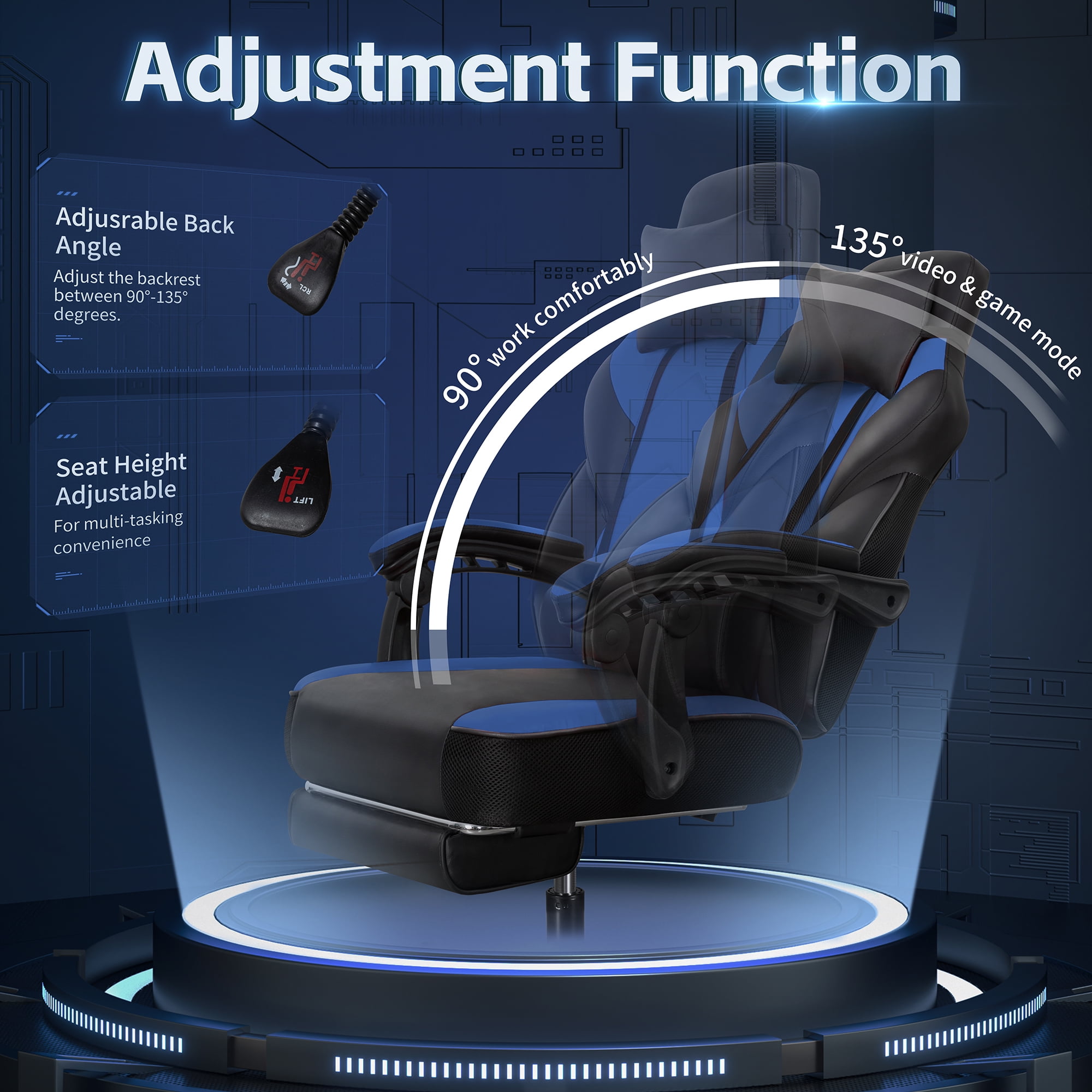 Walsunny Ergonomic Gaming Chair with Adjustable Footrest and Massage Leather Game Chair large gaming chair with Headrest and Lumbar Support for Adults, Blue