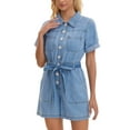 thumbnail image 2 of INSPIRE CHIC Womens Short Sleeve Denim Jumpsuit Button Down Elastic Waist Jean Romper Shorts S Blue, 2 of 6