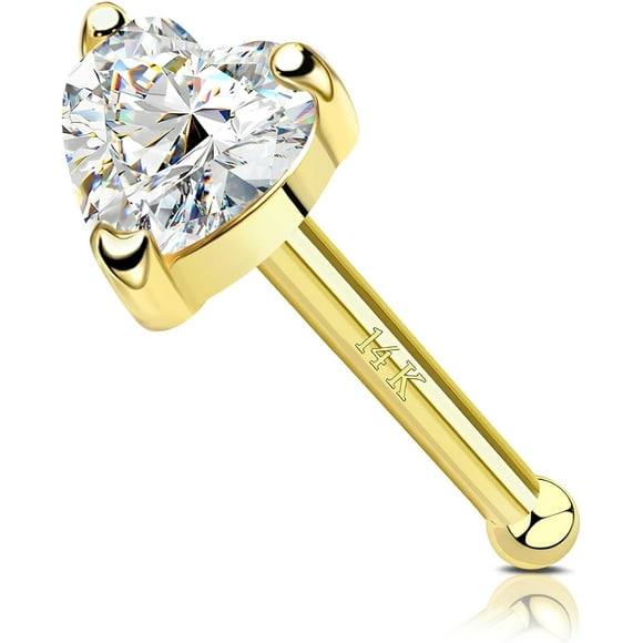 14K Real Gold Nose Studs Heart Simulated Diamond CZ Corkscrew Nose Ring Solid Gold Heart Hypoallergenic Piercings for Women Men 18G 20G