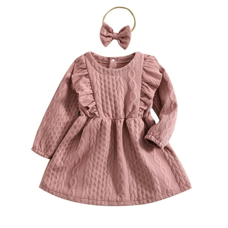 

Girls Fashion Dresses Kids Toddler Baby Girls Autumn Winter Solid Cotton Long Sleeve Princess Dress Headbands Clothes