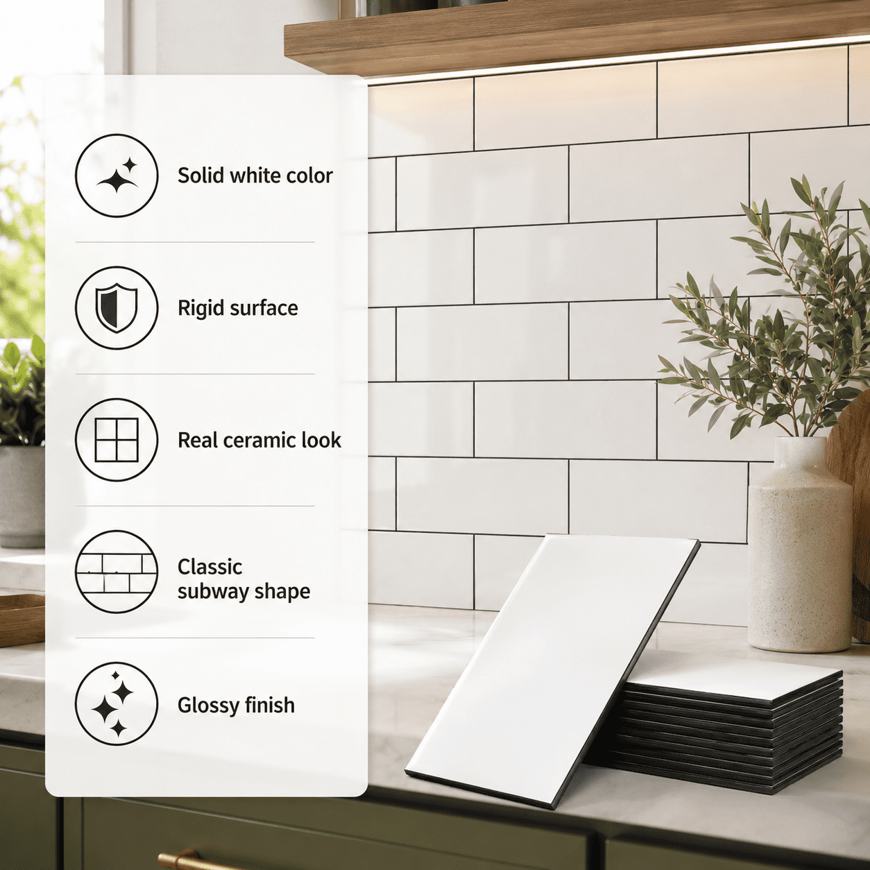 Yeslife 102-Pack Peel and Stick Backsplash Tile, 3" x 6" Glossy White PVC Waterproof Subway Wall Tiles for Kitchen & Bathroom, 12.75 Sq Ft