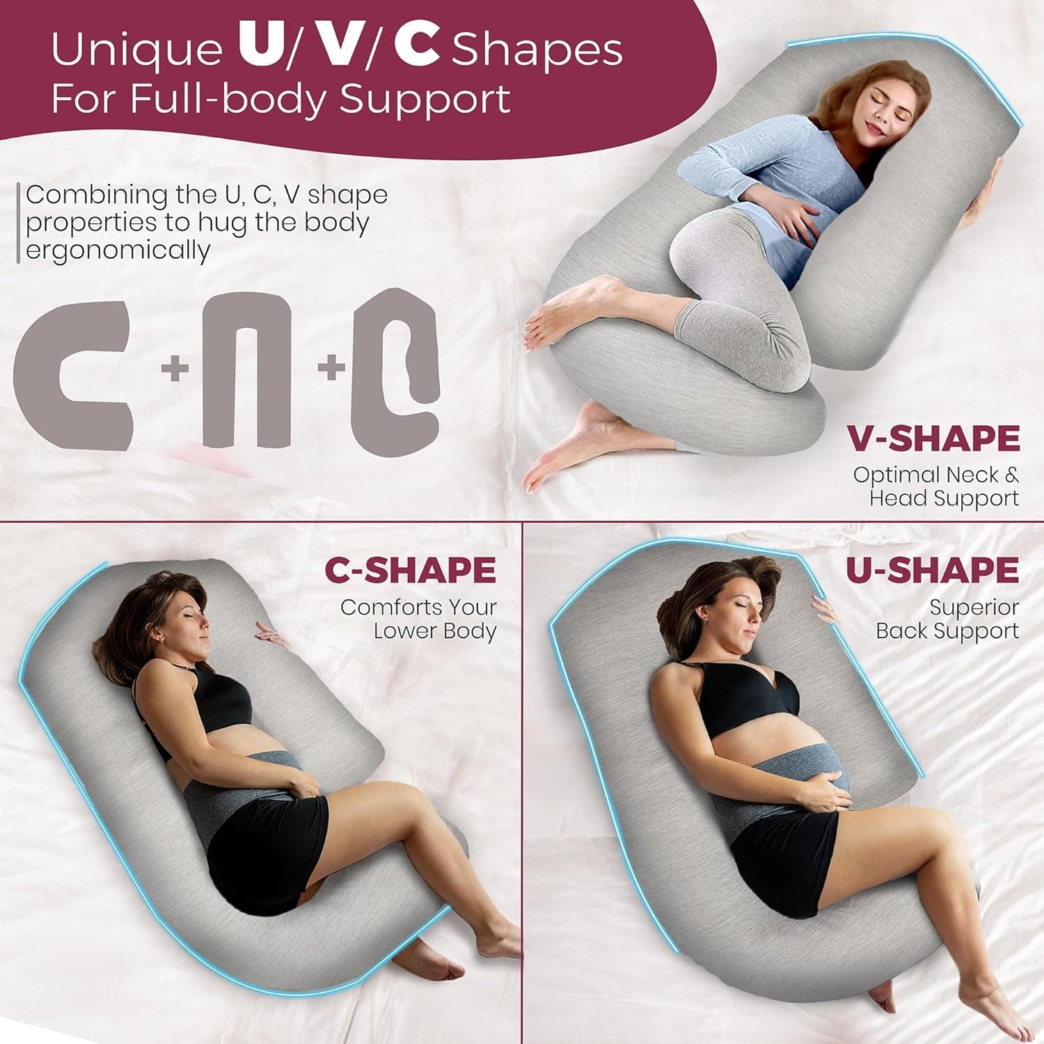 Cooling Pregnancy Pillows for Sleeping – 57-Inch Maternity Pillow for Pregnant Women with Removable Washable Cover – Support for Back, Belly, Neck, Legs, & Hips – V C U Shaped Full Body Pillow