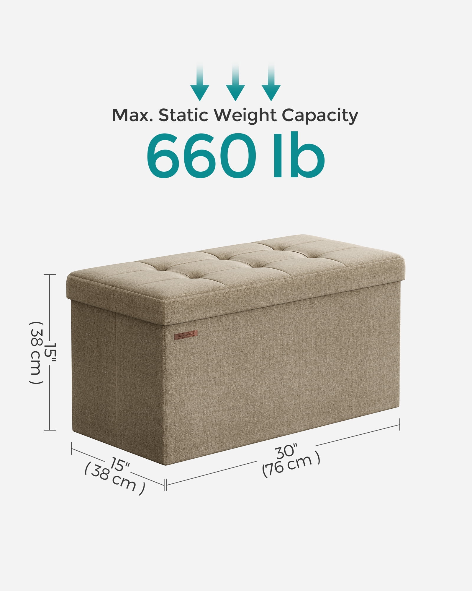 SONGMICS 30" Storage Ottoman Bench Ottoman with Storage Footstool Hold up to 660 lb for Bedroom Living Room Light Taupe