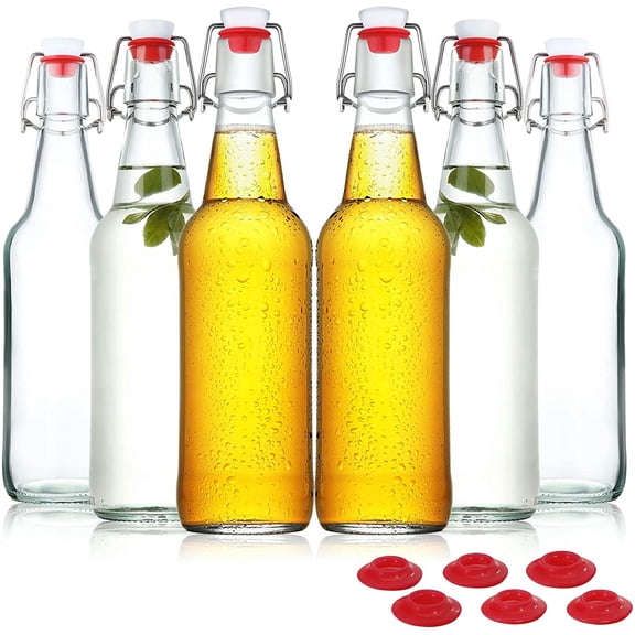 Clear Glass Beer Bottles for Home Brewing with Easy Wire Swing Cap & Airtight Silicone Seal 16 oz- Case of 6