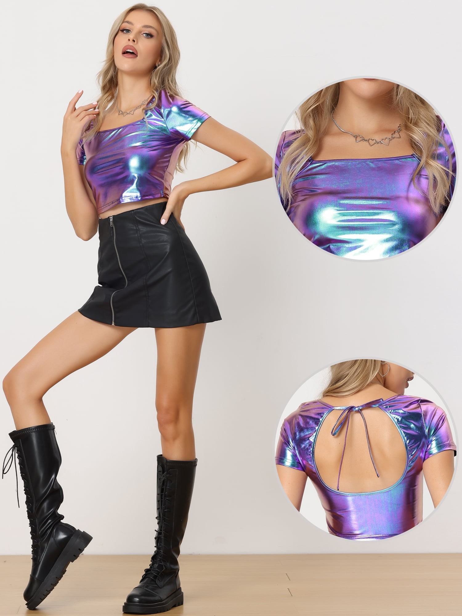DARING DIVA Women's Square Neck Sparkly Halloween Metallic Crop Tops L Blue Purple