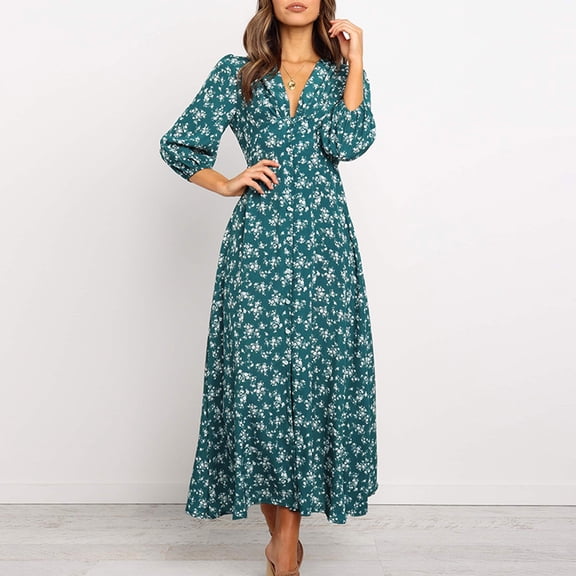 Conairie Maxi Dresses for Women Dotted Print V Neck Loose Stretch Elegant Long Sleeve A-Line Dress Comfort Soft Lounge Long Swing Dress Green L