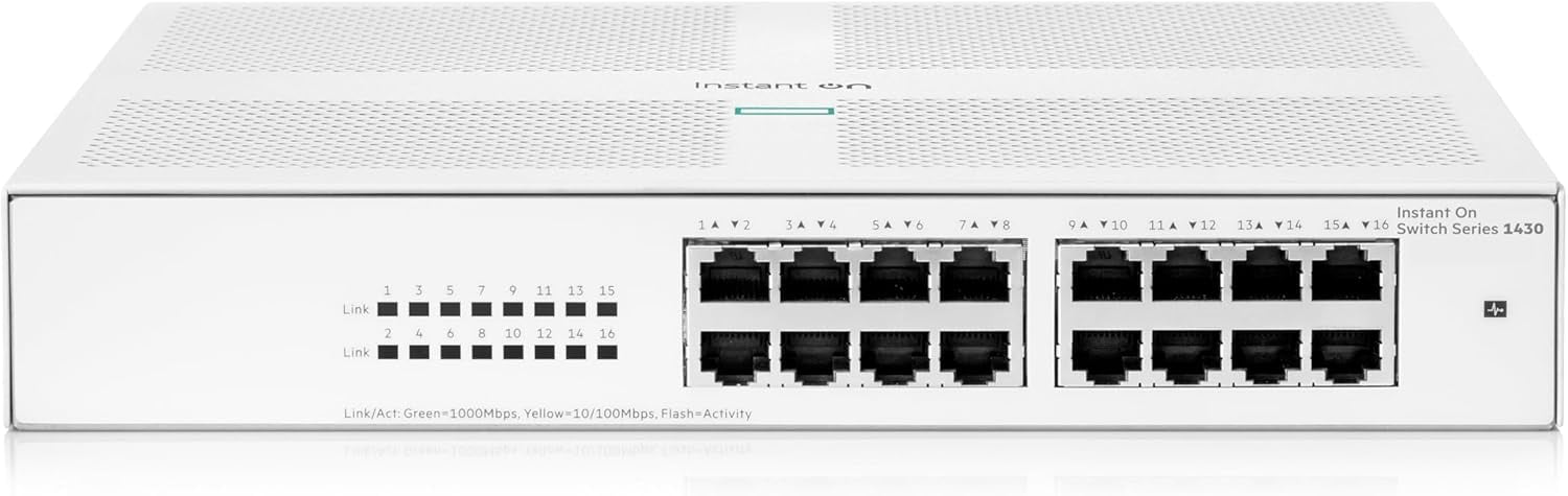 Restored Aruba R8R47A Instant On 1430 16-Port Gigabit Unmanaged Switch – High-Speed Ethernet Networking, Plug-and-Play (Refurbished)