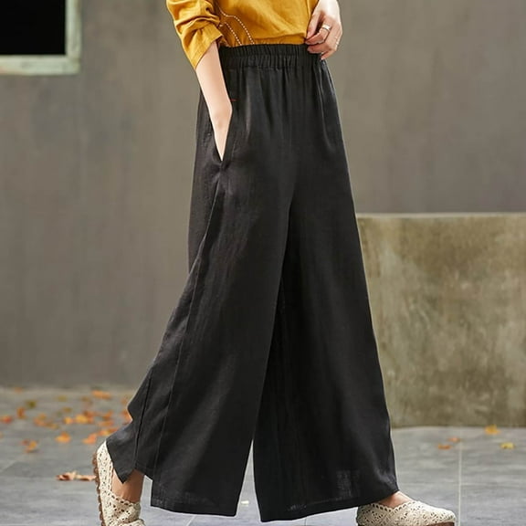IDALL Linen Pants Women Wide Leg Pants Woman Women New Casual And Fashionable Loose Solid Color Mid Waist Cotton Linen Wide Leg Pants Lounge Pants Women Baggy Pants Black L