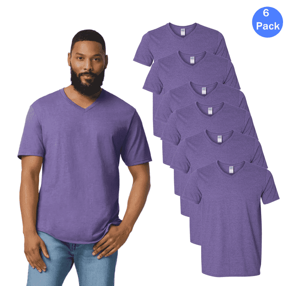 Gildan Men’s T-Shirt, Comfortable V-Neck Short Sleeve Heather Purple Casual Tee, 6 Pack, Sizes S-3XL