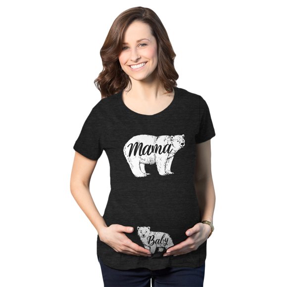 T-shirt d'Annonce de Grossesse pour Bébé Maman Ourson, Mignon, Révélant le Ventre (Noir Chiné) - L