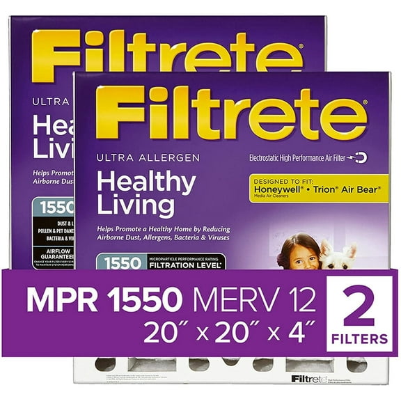 Filtrete 20x20x4 AC Furnace Air Filter, MPR 1550 MERV 12, Healthy Living Ultra Allergen Deep Pleat, 2-Pack, Fits Lennox & Honeywell Devices Exact Dimensions 19.88 x 19.88 x 4.31