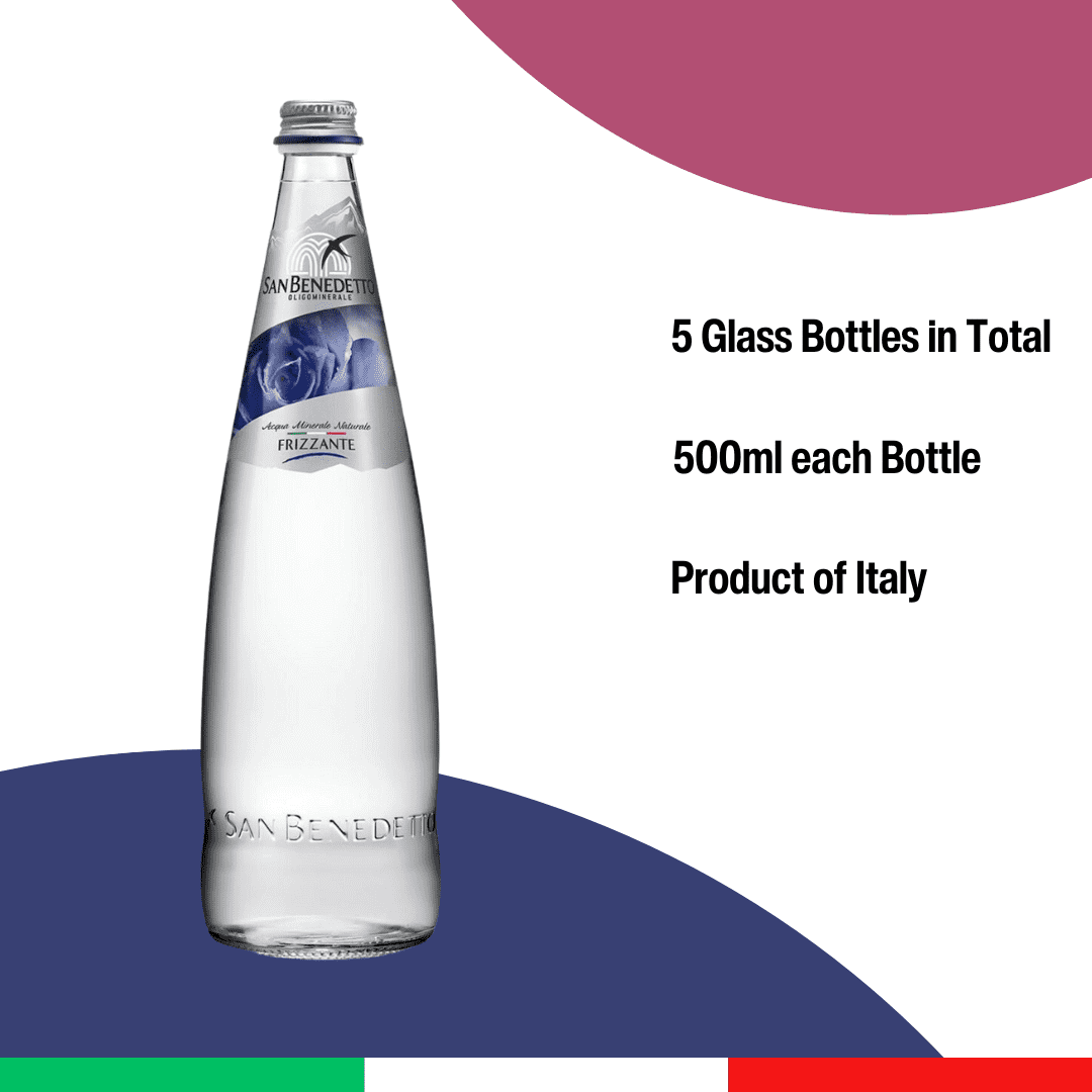 San Benedetto Italian Sparkling Water, 500ml Glass Bottles, Pure Glacier-Sourced Water, Pack of 5