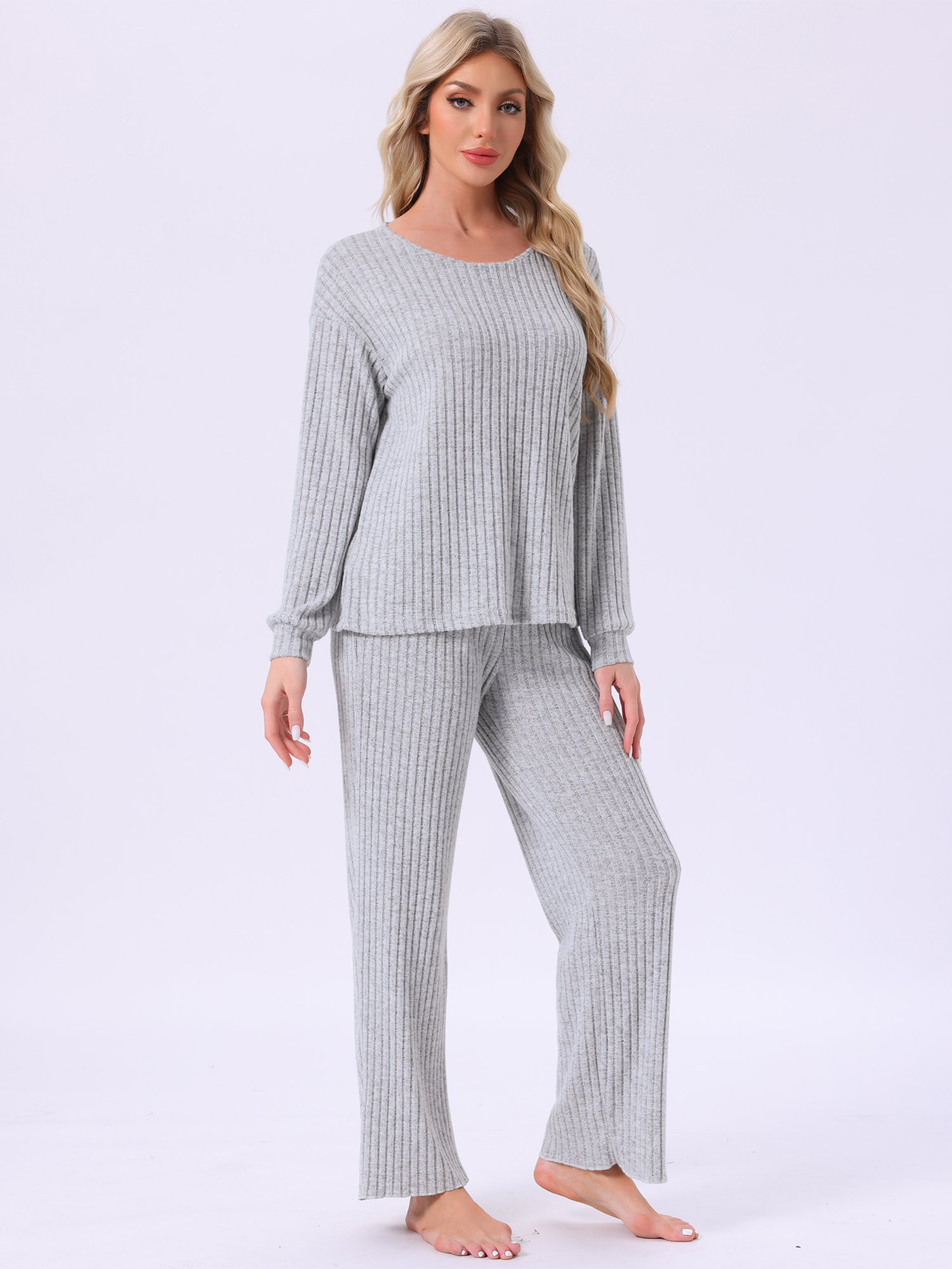 DARING DIVA Ribbed Knit Pajama 2 Piece Long Sleeve Top Pants Sleepwear S Light Grey