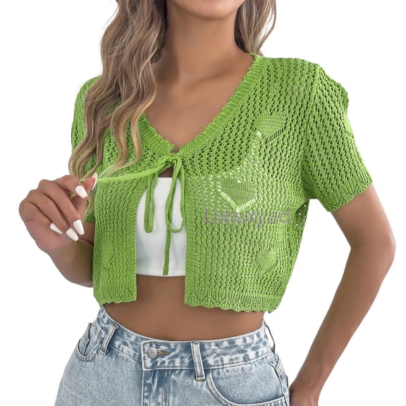 Lixiuxyad Women's Crochet Cropped Cardigan Short Sleeve Tie-Front Open Knit Cardigan Summer Beach,Green