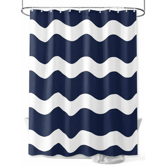 Navy Blue Shower Curtain, Wavy Stripes Waterproof Shower Curtain Set with 12 Hooks Lightweight Washable Fabric Shower Curtains for Bathroom 72x78 Inches