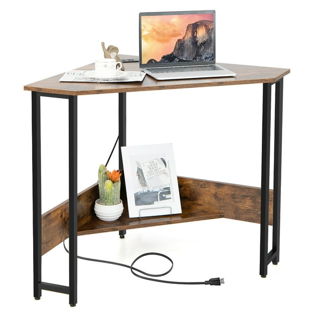Costway Bureau d'Ordinateur Triangulaire Bureau d'Angle Bureau à Domicile avec Prises de Courant Ports USB Rustique