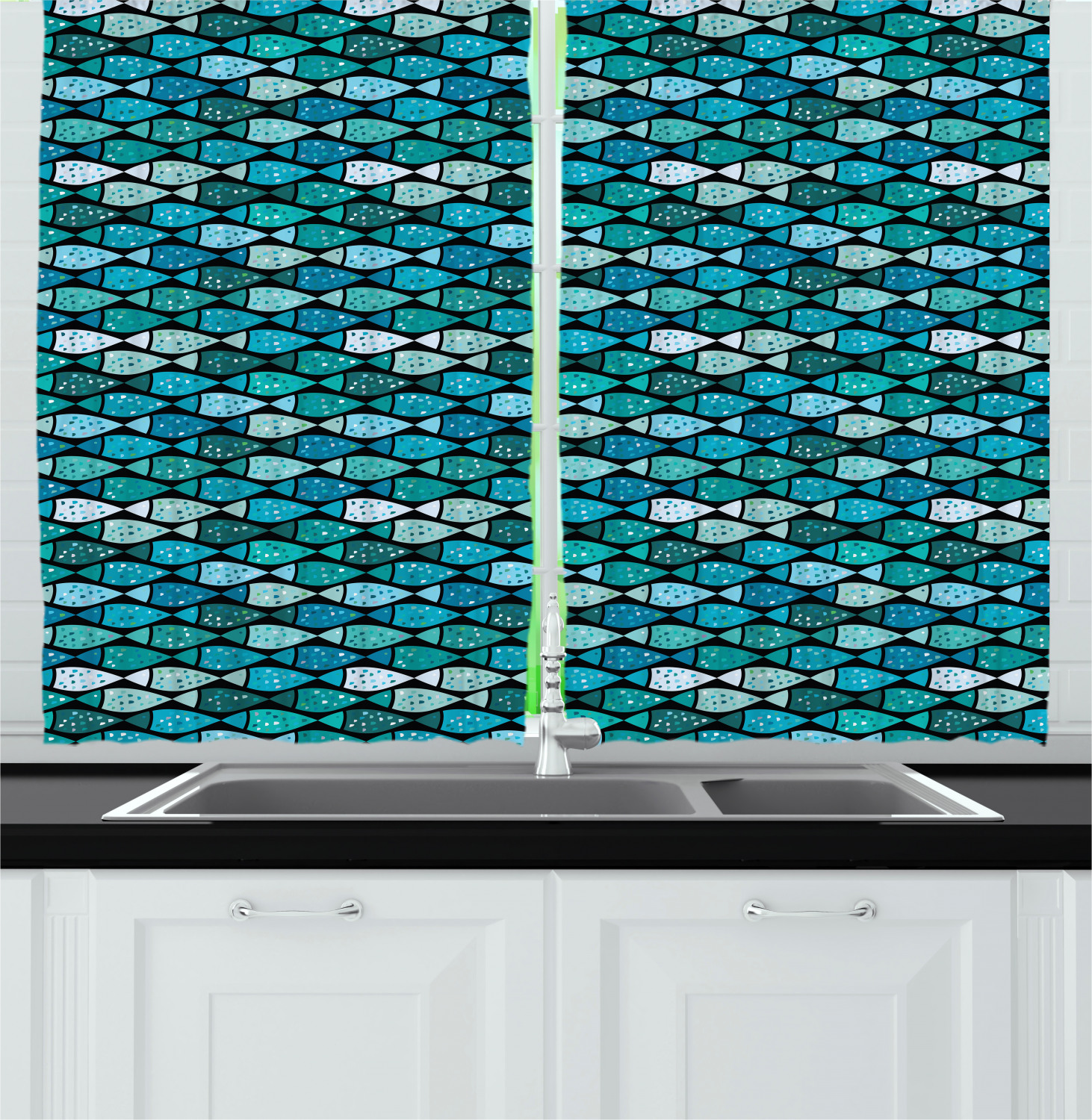 Fish Curtains 2 Panels Set, Doodle Aquarium Artwork with Repeating Fish