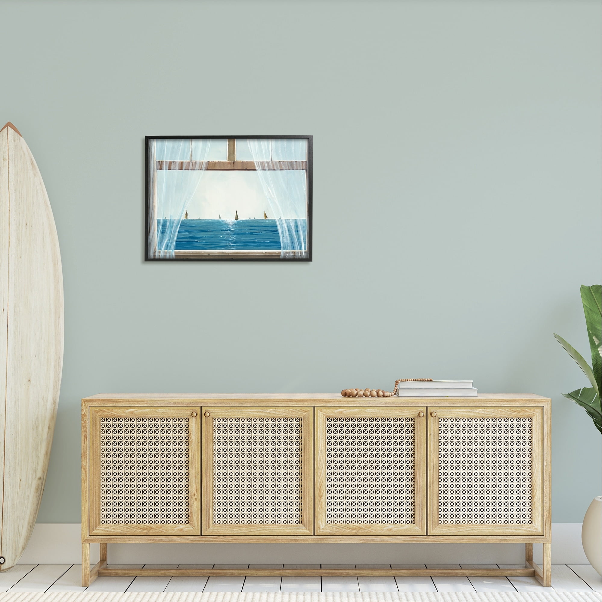 Stupell Industries Serene Beach House Window View Sailboats Ocean Framed Wall Art, 30 x 24, Design by John Rossini