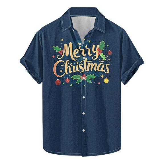 KeShDi Christmas Mens T-Shirts Men's Printing Button Casual Short Sleeve Turndown Collar Blouse Shirt Black XL