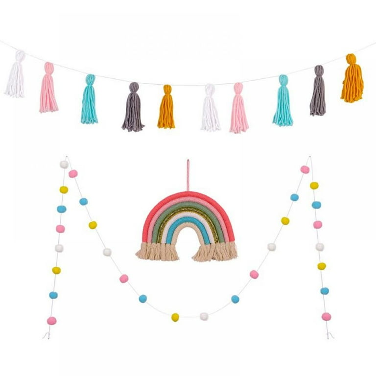 Rainbow Wall Hanging Decor 3PCS Macrame Tassel Pom Pom Garland