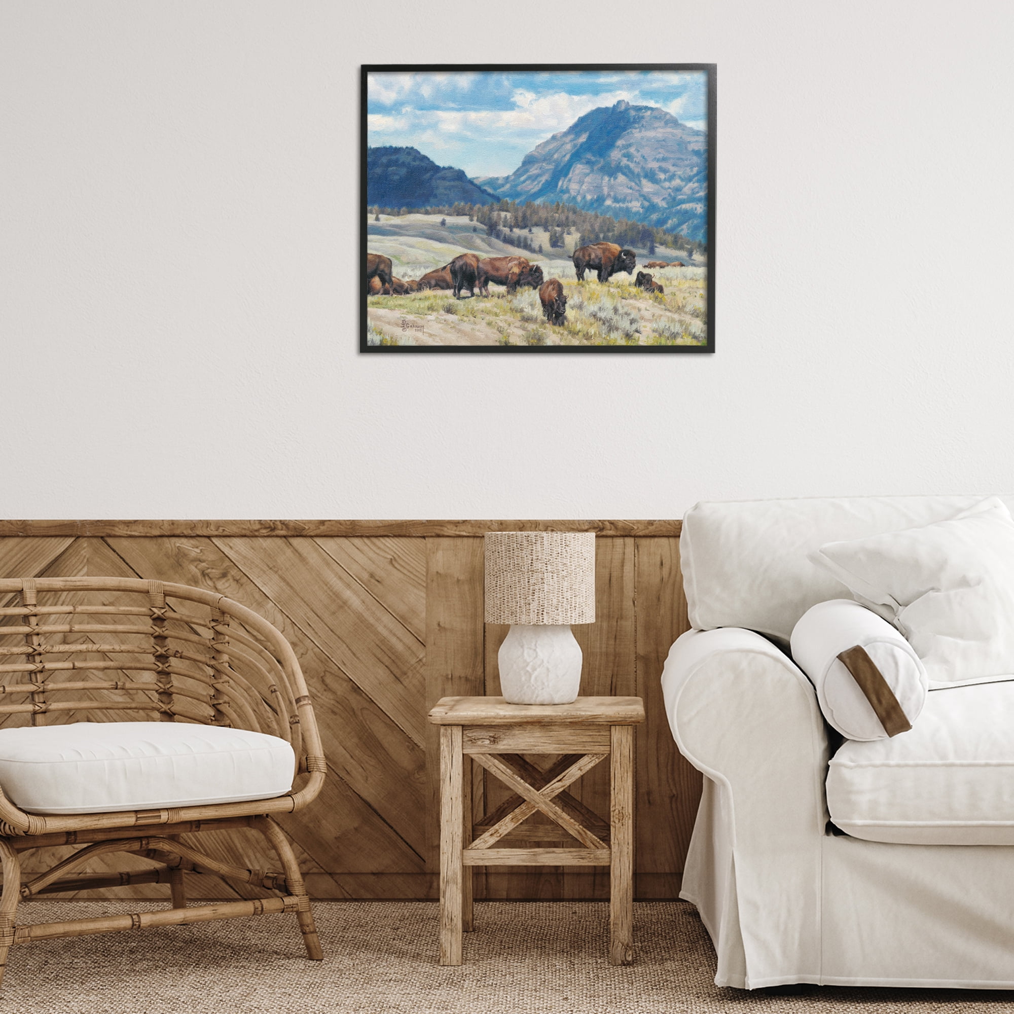 Stupell Industries Sunny Afternoon Bison Landscape Painting Black Framed Art Print Wall Art, 30 x 24