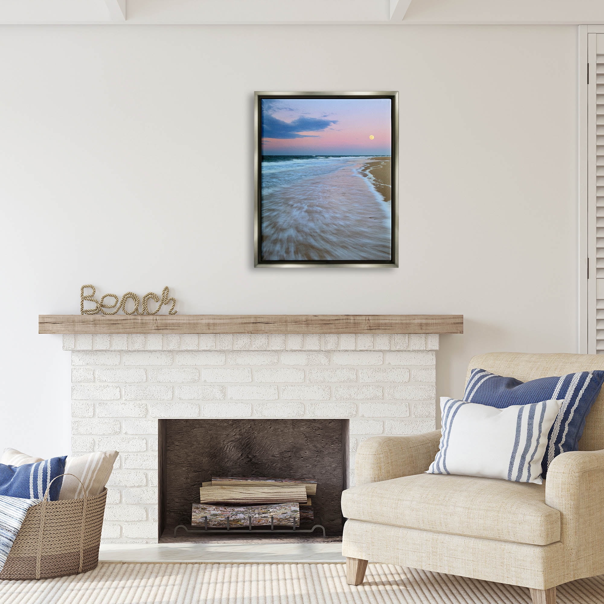 Stupell Industries Sunset Moon Warm Pink Beach Sky Coastal Photography Gray Floater Framed Art Print Wall Art