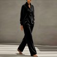 thumbnail image 4 of Szluipve Women Velvet 2 Piece Outfits Stand Collar Henley Button Long Sleeve Top & Elastic Waist Wide Leg Pants Casual Loungewear Matching Set Black S, 4 of 6