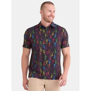 Birdie Bound Men's and Big Men's Halloween Neon Skeletons Golf Polo Shirt with Short Sleeves, Sizes S-5XL