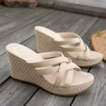 thumbnail image 3 of Xucatan Women's Espadrille Wedge Slides, Crisscross Strap Open Toe Slippers with Jute Heel, Round Toe Platform Sandals, Versatile Summer Beach Footwear Gift, 3 of 9