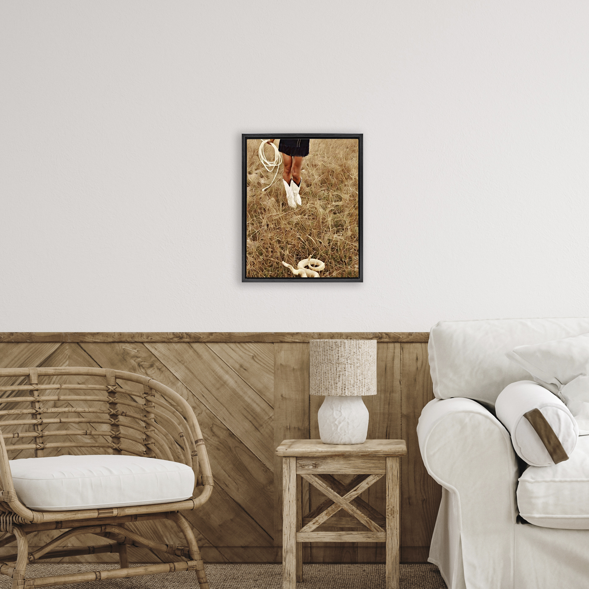 With Her Lasso & Snake Black Framed Floater Canvas Wall Art, design by Jesse Keith
