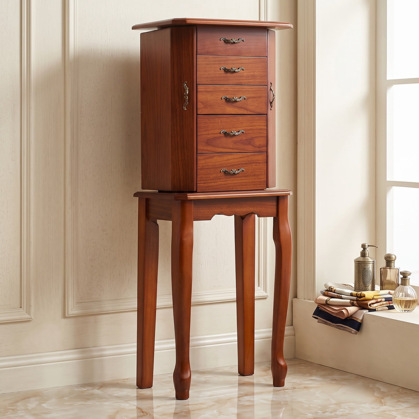Furnibear Large Storage Capacity Freestanding Jewelry Cabinet with 5 Drawers, 2 Doors, and Top Lid Mirror for Bedroom, Walnut