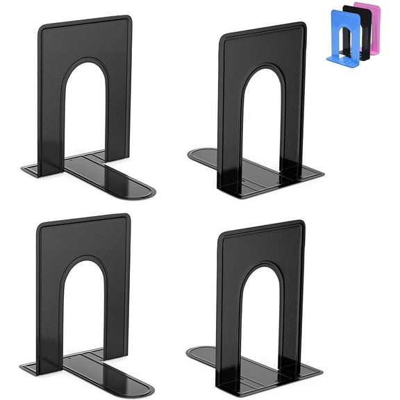 Bookends, Book End Supports Heavy Duty Metal Bookend Support, Book Ends Supports for Shelves Decor Home Office School (2 Pairs/4 Pieces, Black)