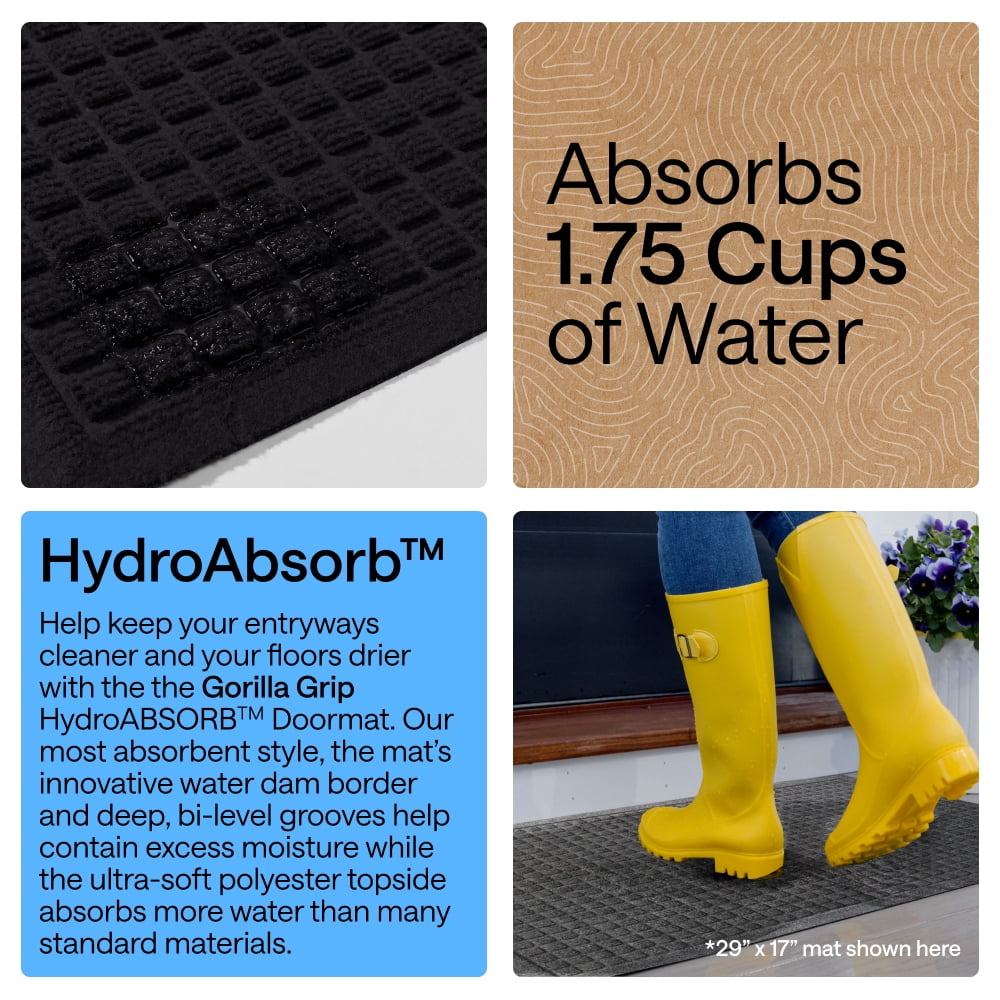 Indoor Outdoor Doormat, 30x16 Black, Rubber Backed HydroAbsorb Door Mat by GORILLA GRIP